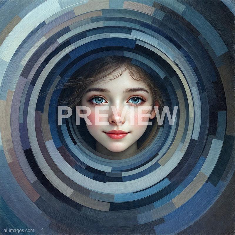 A young girl with striking blue eyes and fair skin gazes directly at the camera with a gentle smile. Her face is surrounded by concentric circular patterns in shades of blue, gray, and beige, creating a hypnotic, tunnel-like effect that draws attention to her facial features. The overall composition blends realistic portraiture with abstract, geometric design elements, giving a surreal and captivating visual impression.